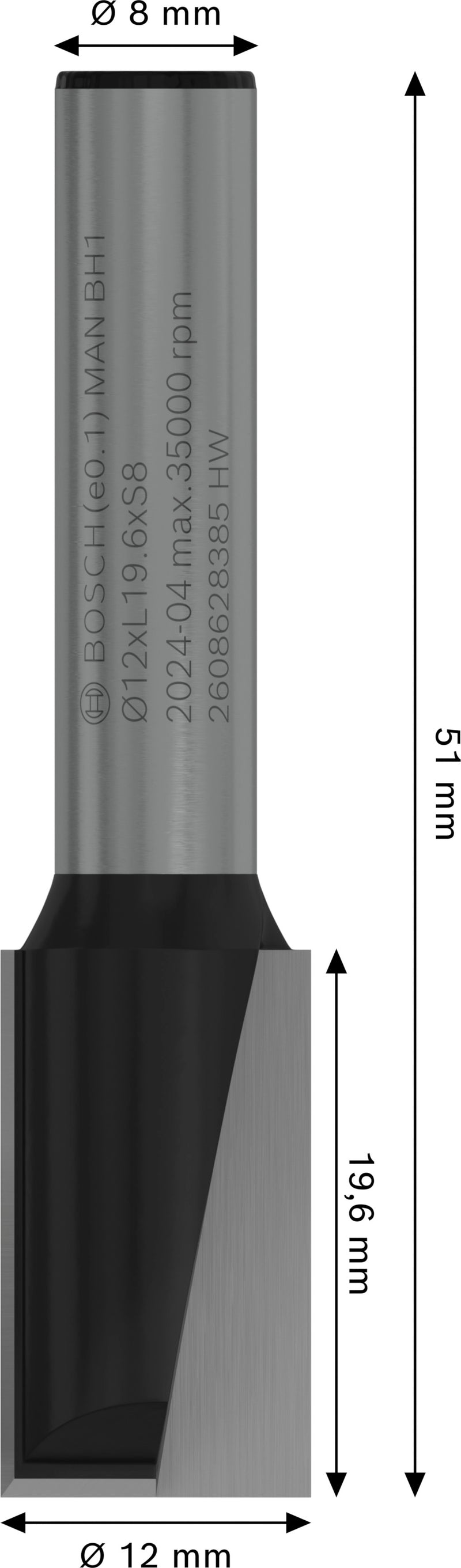 Fresa Bosch direita para fresa PRO, duas ranhuras, Ø 12 x L 19,6, haste de 8 mm