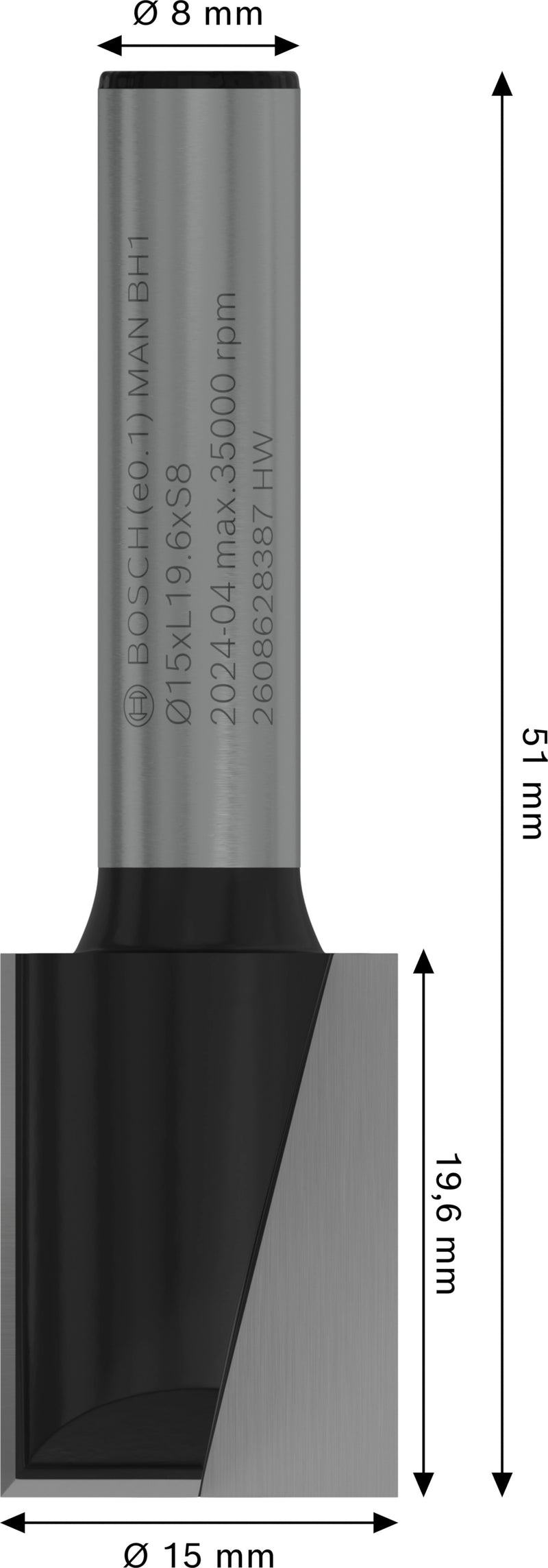 Fresa Bosch Right para fresa PRO, duas ranhuras, Ø 15 x L 19,6, haste de 8 mm
