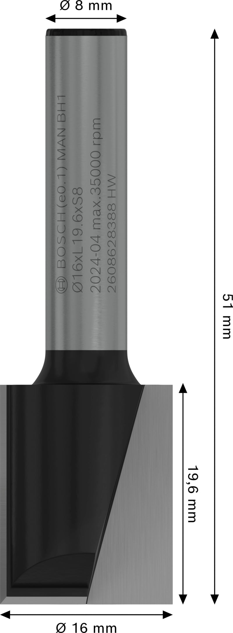 Fresa direita Bosch para fresa PRO, duas ranhuras, Ø 16 x L 19,6, haste de 8 mm