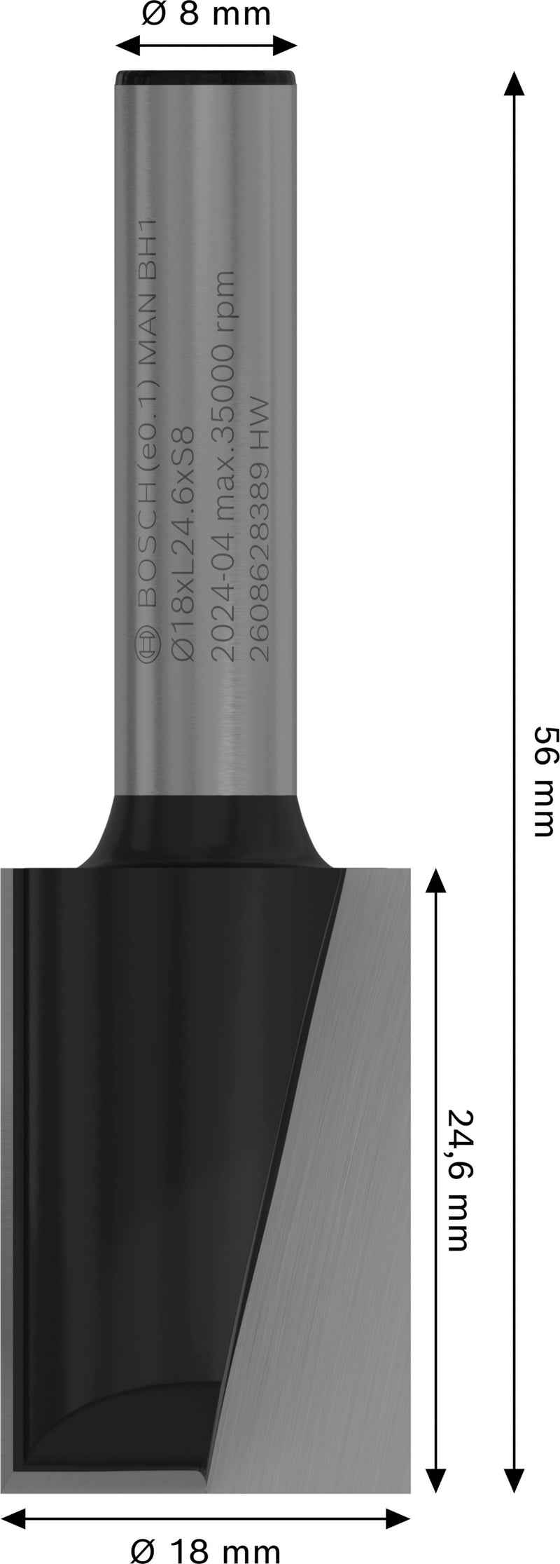 Fresa Bosch Right para fresa PRO, duas ranhuras, Ø 18 x L 24,6, haste de 8 mm
