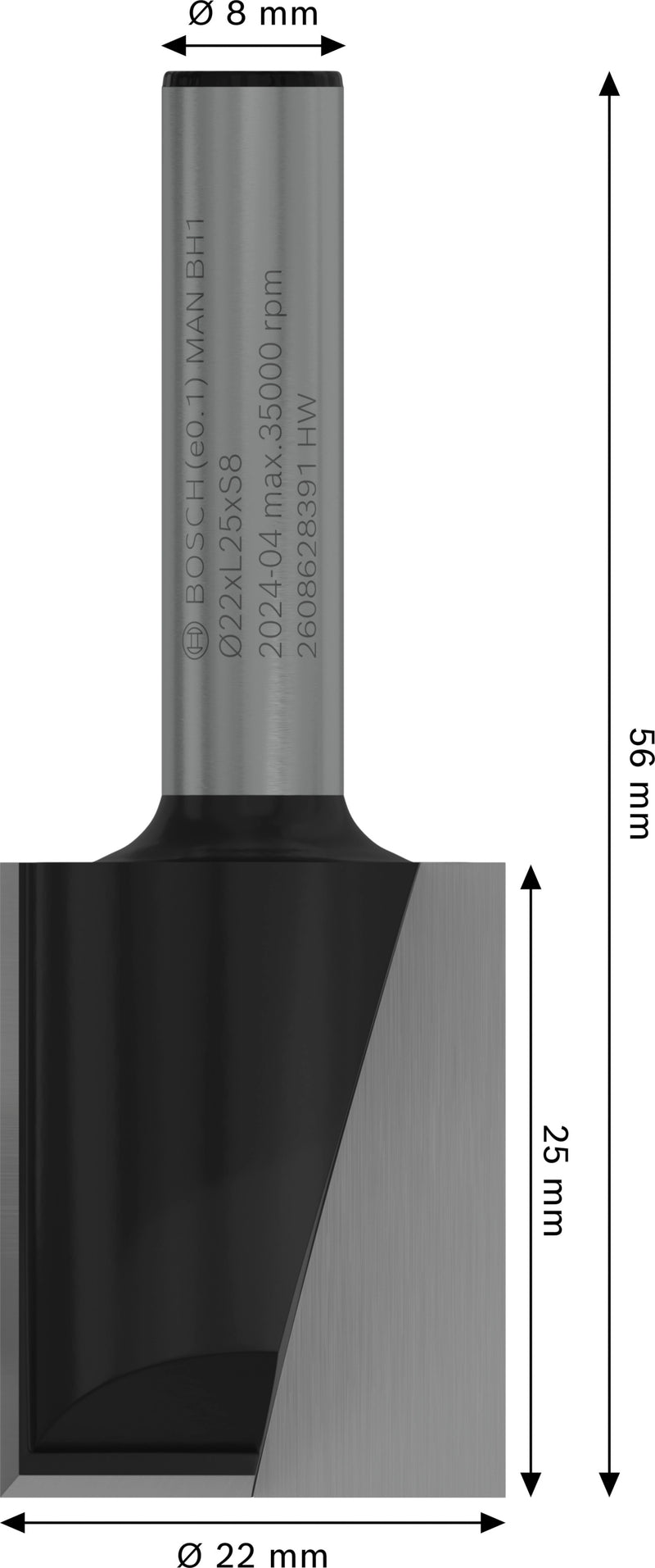 Fresa direita Bosch para fresa PRO, duas ranhuras, Ø 22 x L 24,6, haste de 8 mm