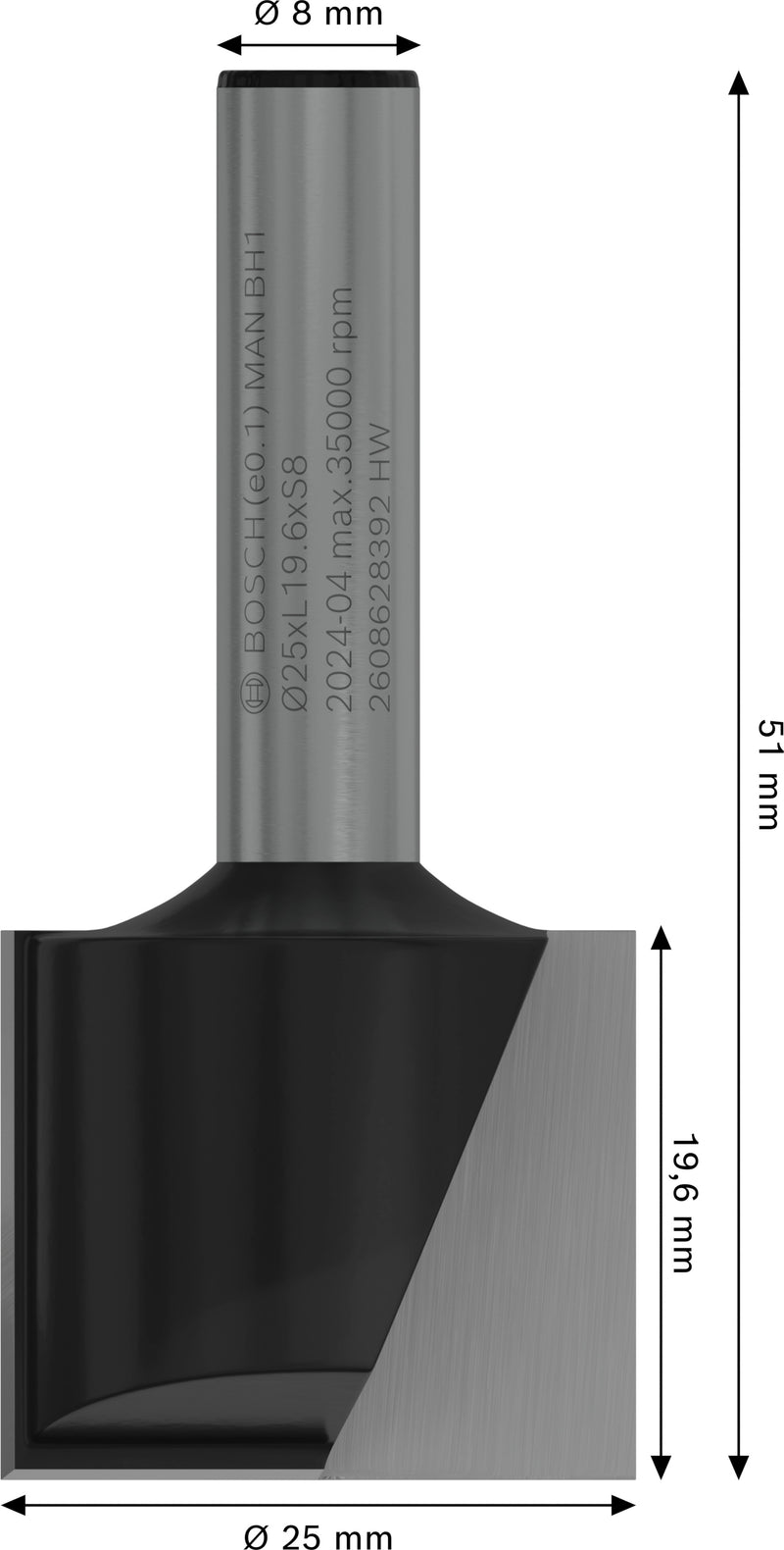 Fresa direita Bosch para fresa PRO, duas ranhuras, Ø 25 x L 19,6, haste de 8 mm