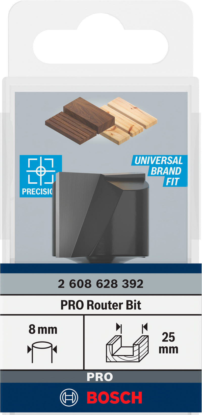 Fresa direita Bosch para fresa PRO, duas ranhuras, Ø 25 x L 19,6, haste de 8 mm