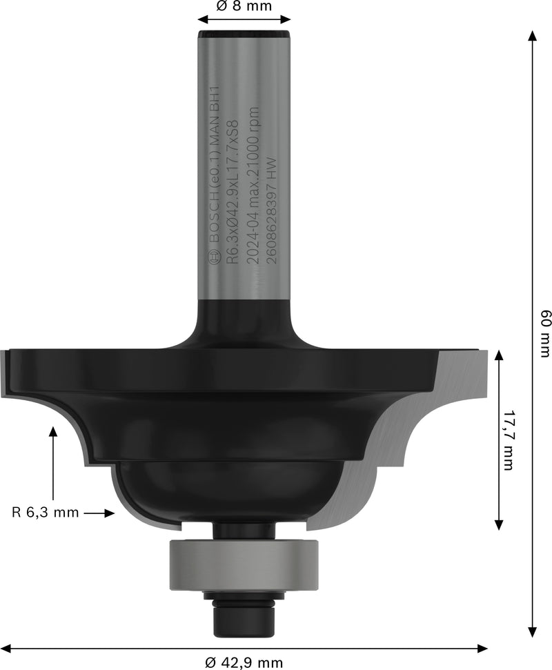 Bosch PRO router groove and flute milling cutter, R 6.3, 8 mm shank