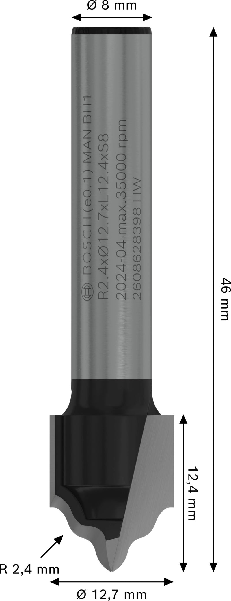 Bosch PRO groove and channel cutter for router, R 2.4, 8 mm shank