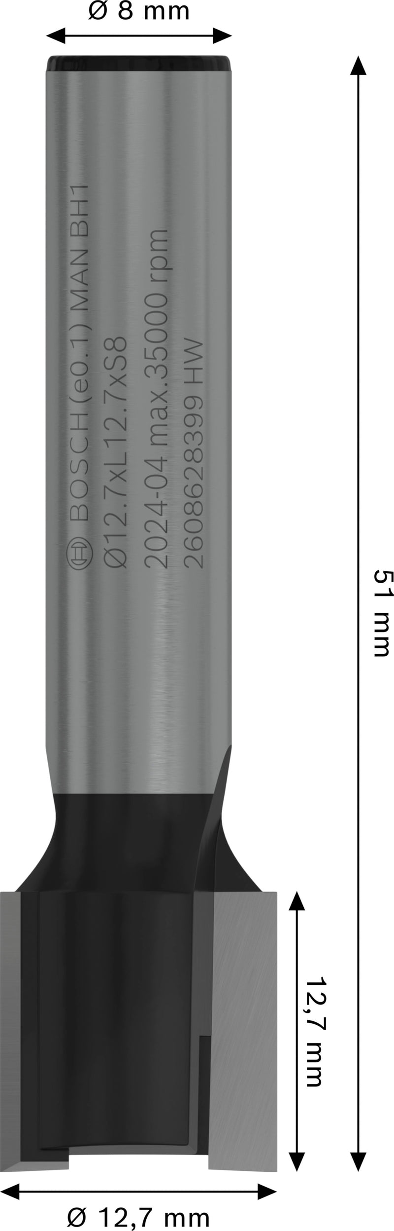 Bosch Jig end mill for PRO router, Ø 12.7 x L 12.7, 8 mm shank