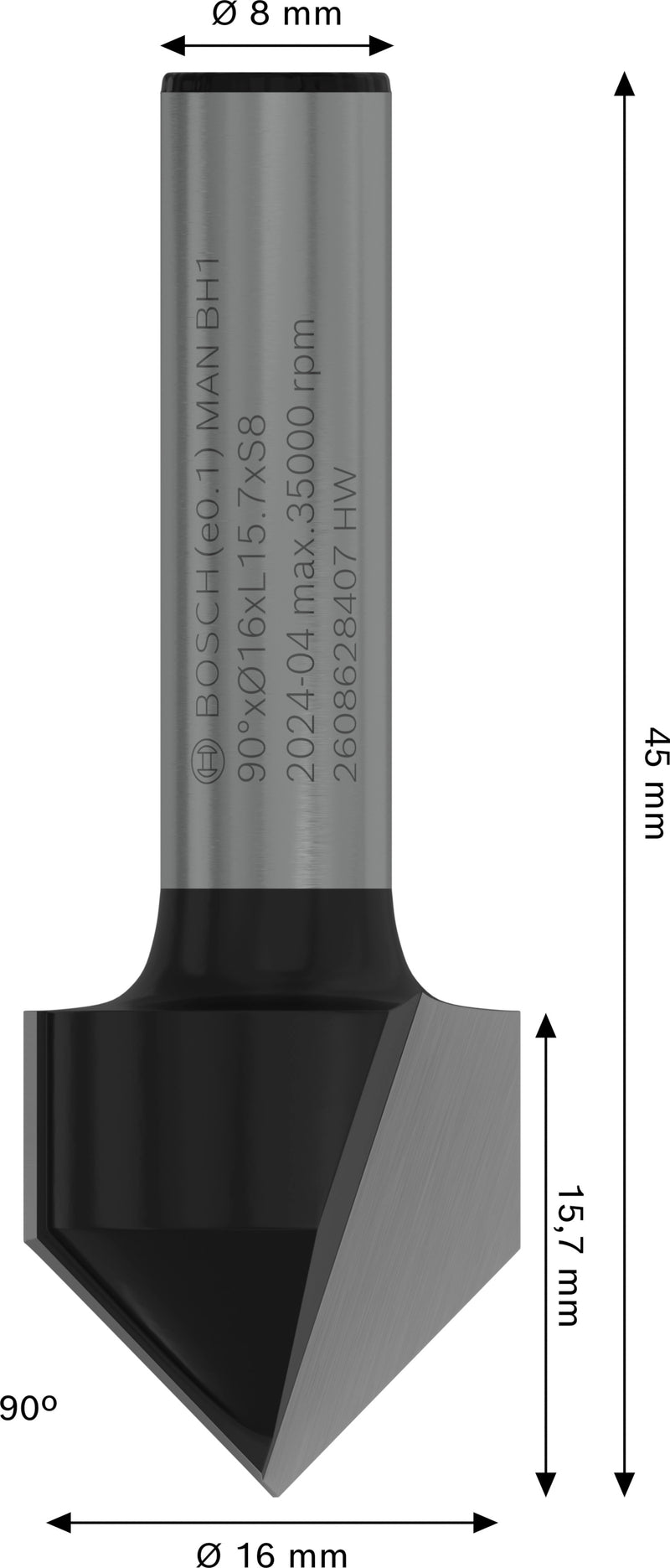 Bosch V-grooving router bit for PRO router, 90° x Ø 16, 8 mm shank