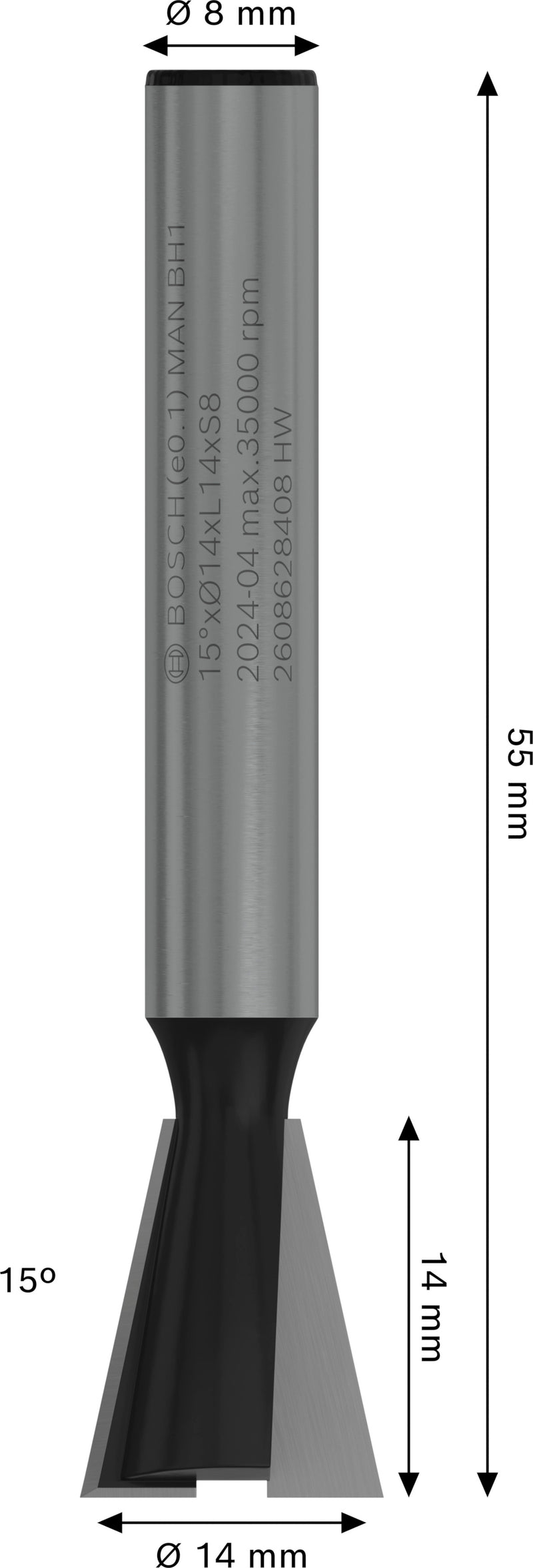 Bosch PRO router bit, 15°, 8 mm shank