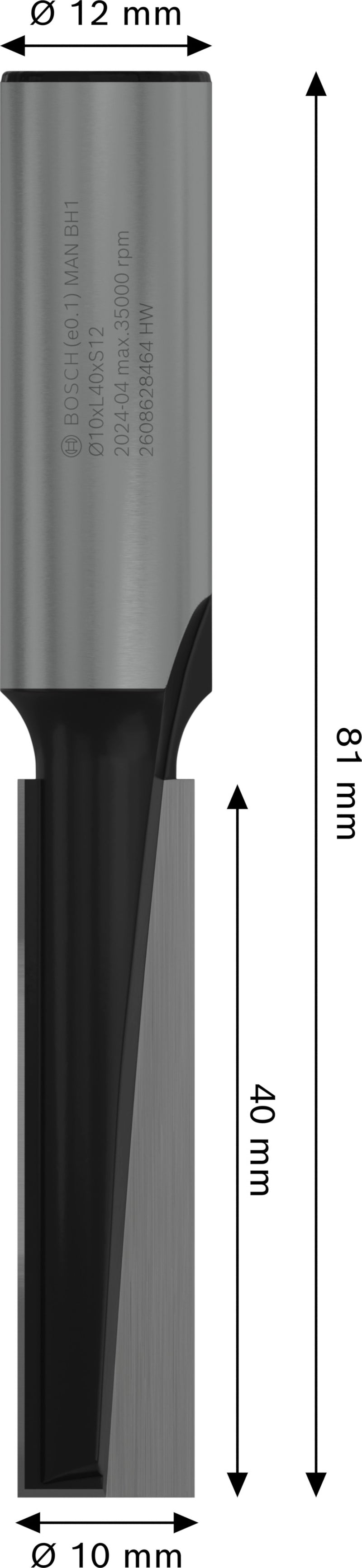 Fresa direita Bosch para fresa PRO, duas ranhuras, Ø 10 x L 40, haste de 12 mm