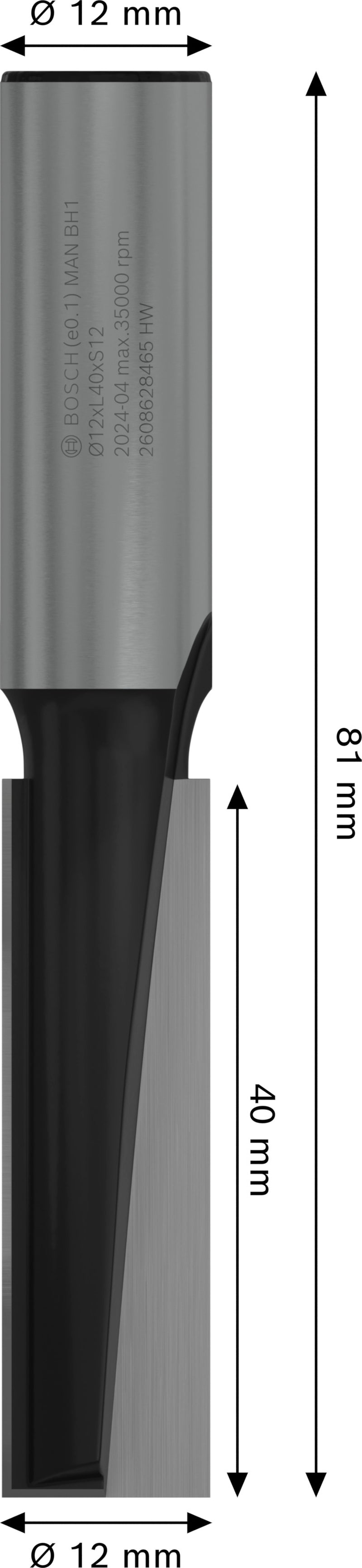 Fresa direita Bosch para fresa PRO, duas ranhuras, Ø 12 x L 40, haste de 12 mm