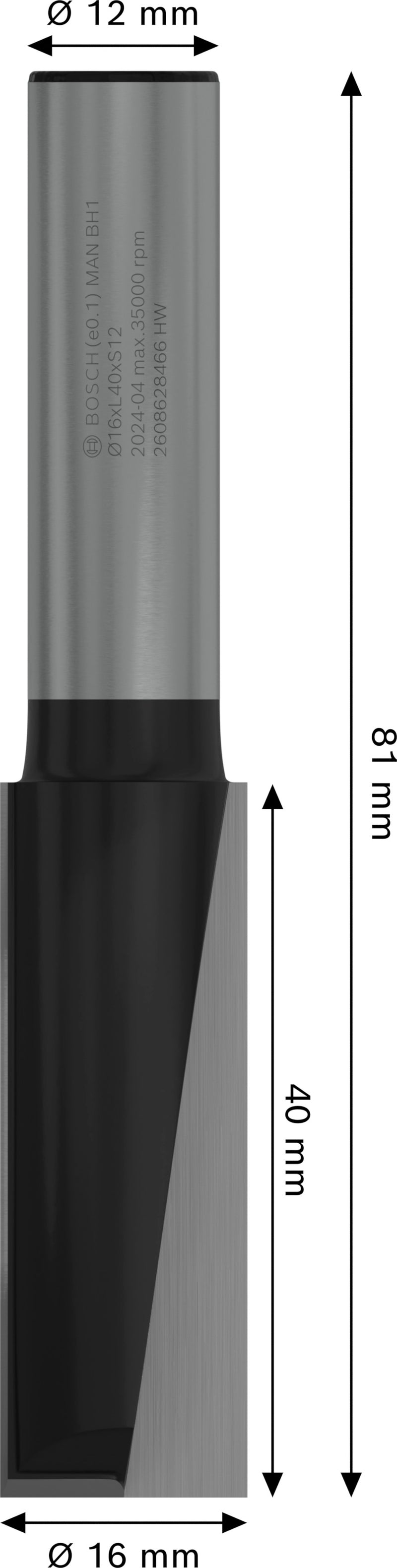 Fresa direita Bosch para fresa PRO, duas ranhuras, Ø 16 x L 40, haste de 12 mm
