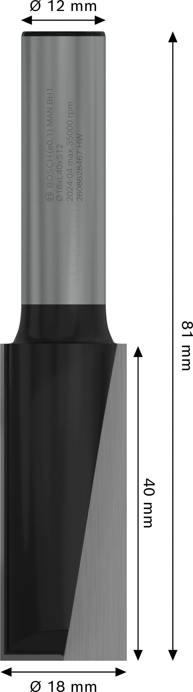Fresa direita Bosch para fresa PRO, duas ranhuras, Ø 18 x L 40, haste de 12 mm