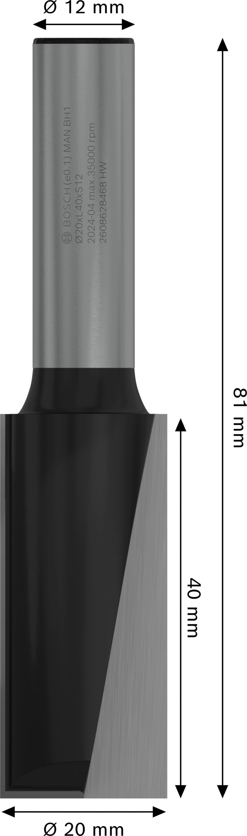 Fresa direita Bosch para fresa PRO, duas ranhuras, Ø 20 x L 40, haste de 12 mm