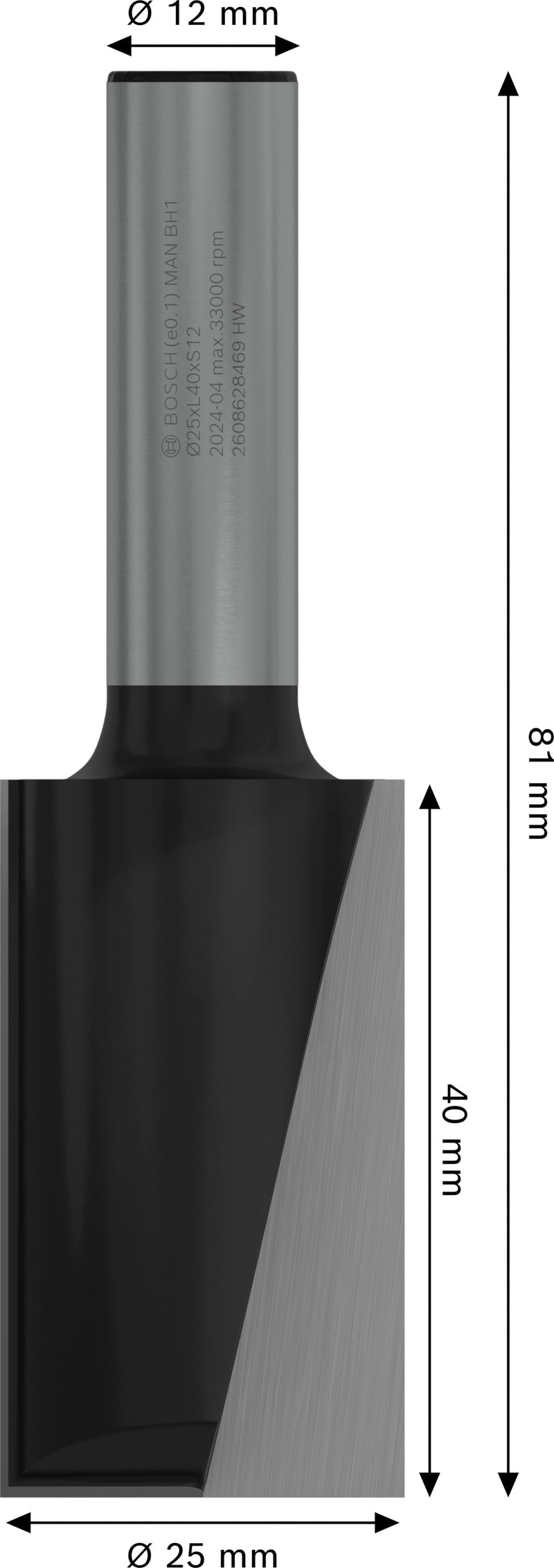 Fresa direita Bosch para fresa PRO, duas ranhuras, Ø 25 x L 40, haste de 12 mm