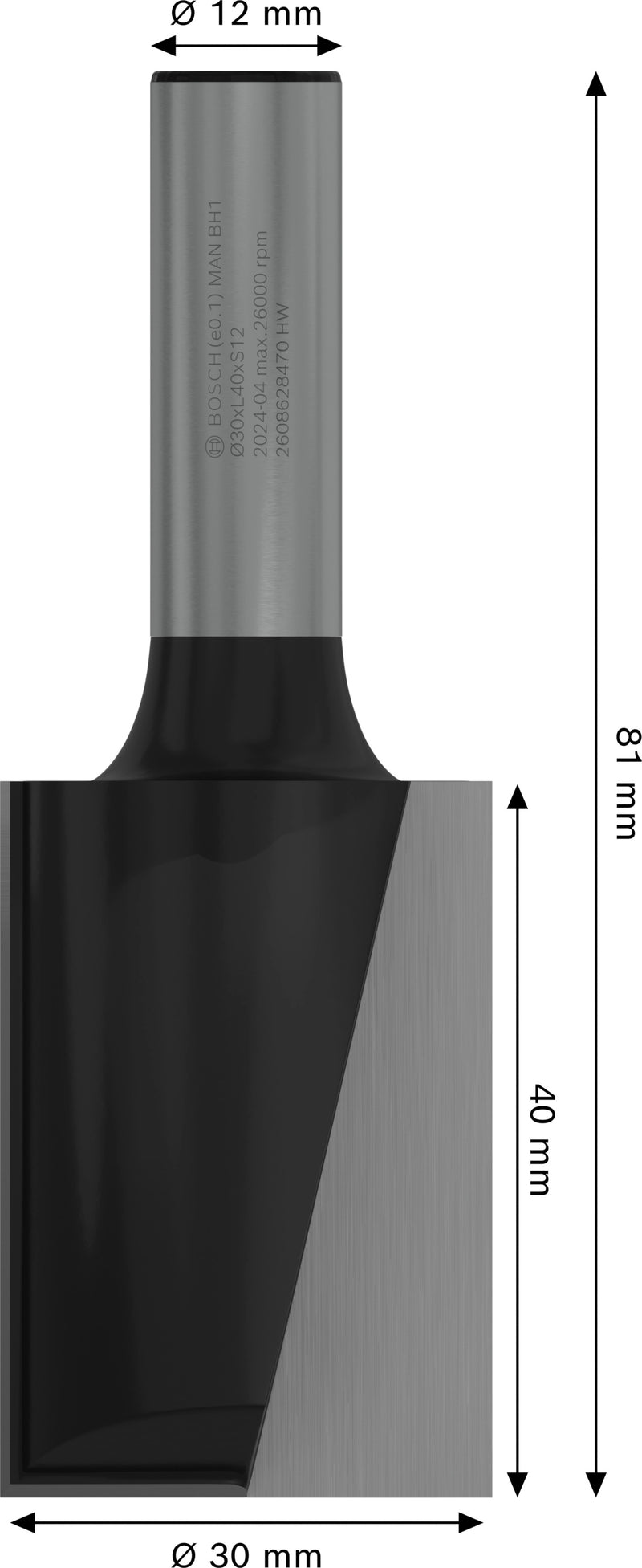 Fresa direita Bosch para fresa PRO, duas ranhuras, Ø 30 x L 40, haste de 12 mm