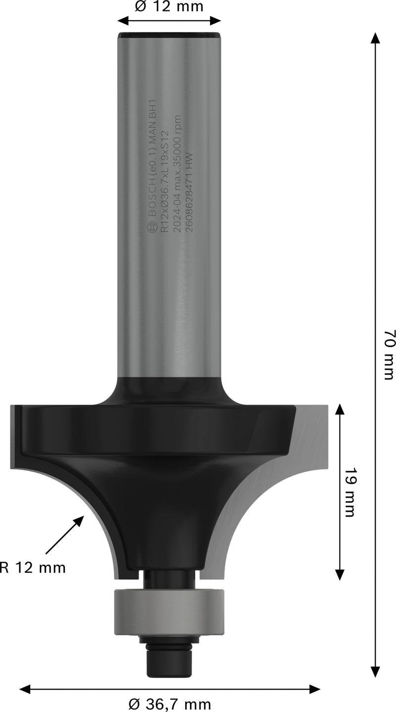 Bosch PRO router rounding cutter, R 12, 12 mm shank
