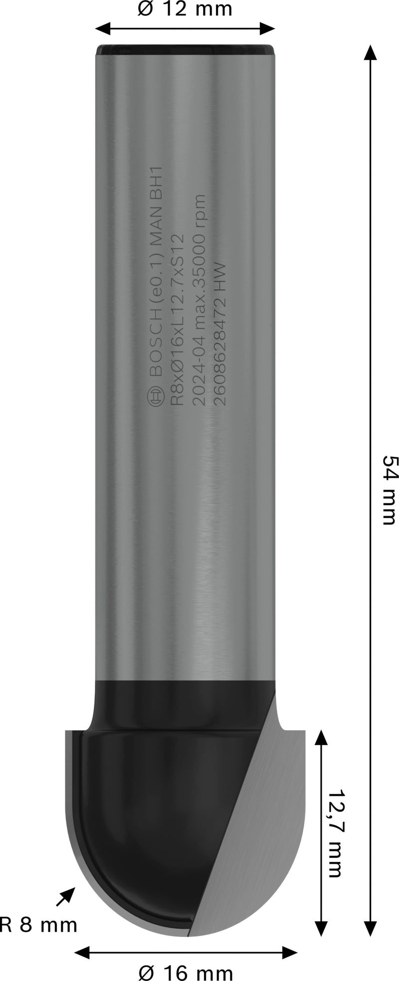 Bosch PRO round groove router bit, R 8, 12 mm shank