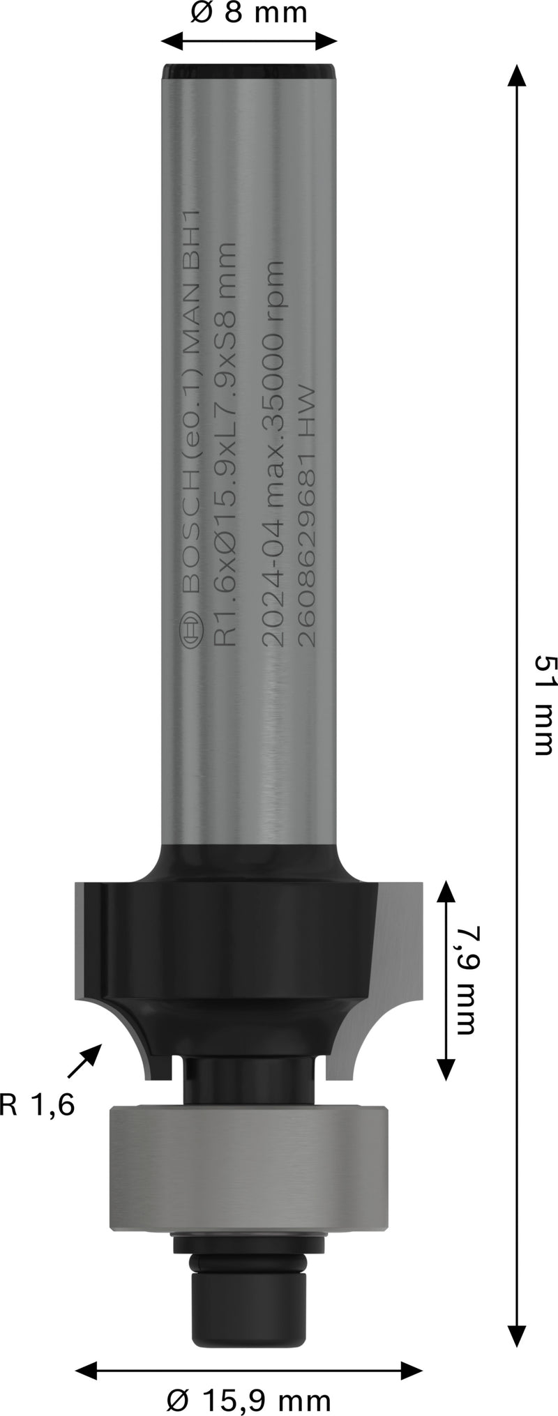 Bosch PRO Router Bit Rounding Over, R1.6, Shan