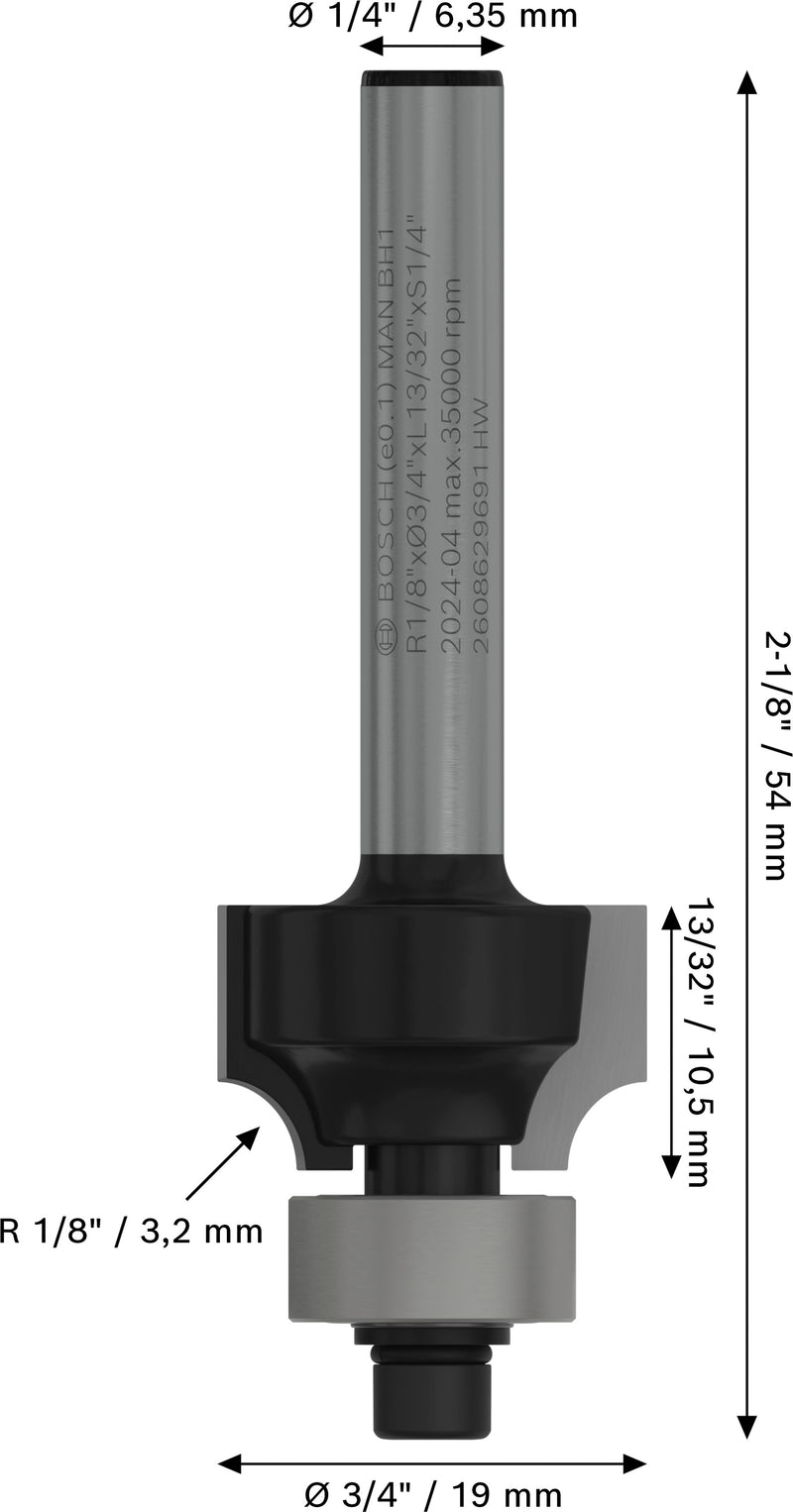 Fresa de arredondar, de meia barra Bosch Accessories (Fresa de arredondar para tupia PRO, R 1/8", encabadouro de 1/4")
