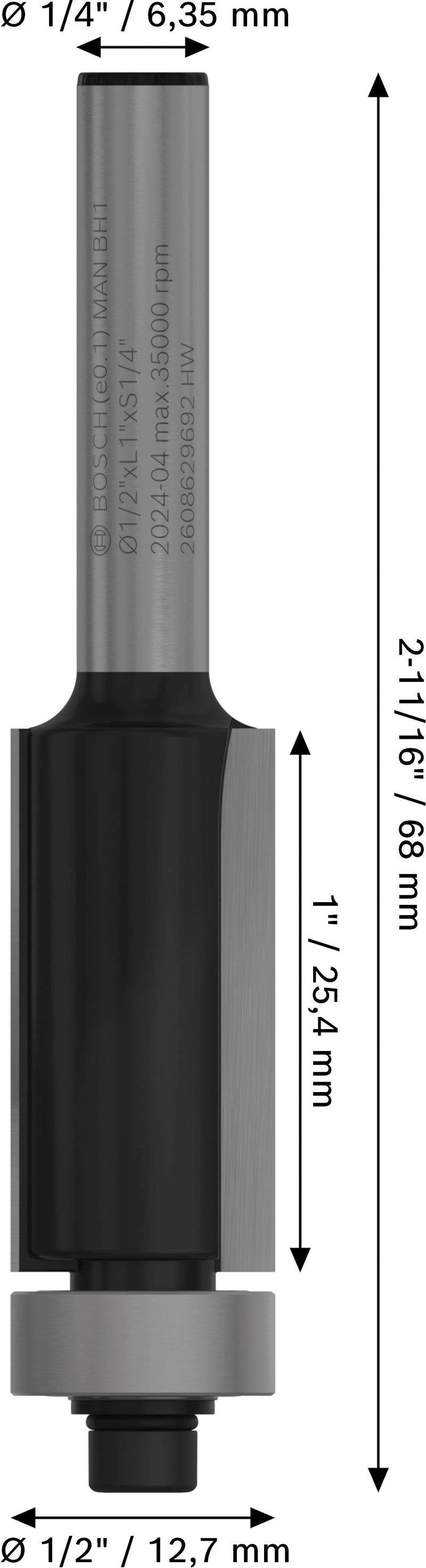Bosch PRO Router Bit Flush Trim, Ø1/2''xL1'',