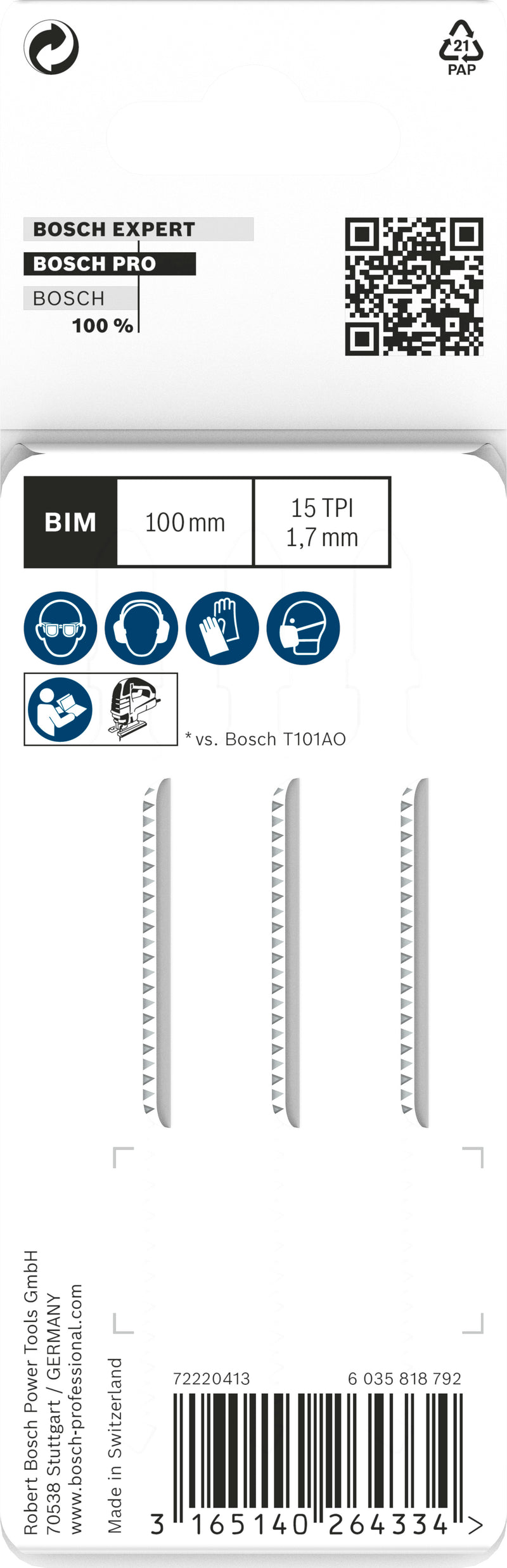 Bosch PRO Hardwood clean jigsaw blade T101AIF, 100 mm, 3 pcs.