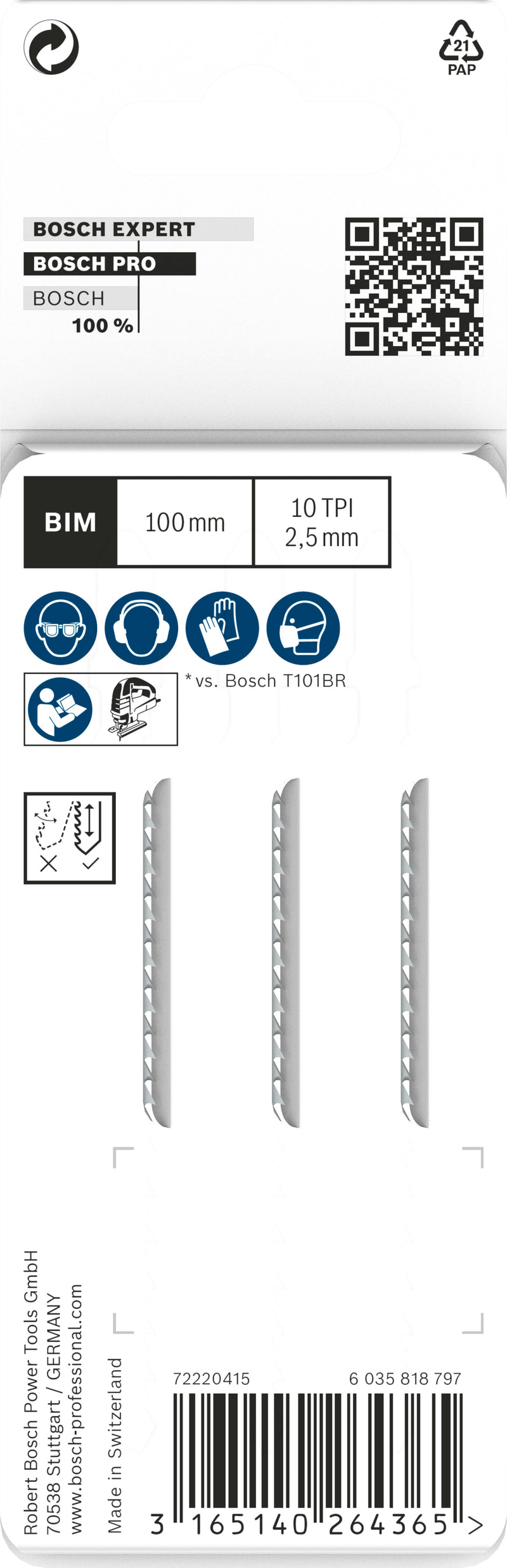 Bosch PRO Hardwood clean reverse jigsaw blade T101BRF, 100 mm, 3 pcs.