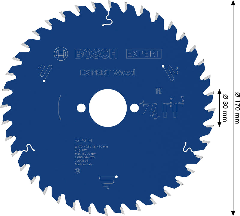 Lâmina de serra circular para madeira Bosch EXPERT, 170 x 2,6/1,6 x 30 mm, T40