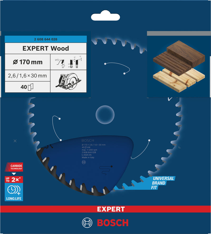 Lâmina de serra circular para madeira Bosch EXPERT, 170 x 2,6/1,6 x 30 mm, T40