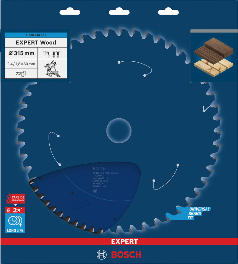 Lâmina de serra circular para madeira Bosch EXPERT, 315 x 2,4/1,8 x 30 mm, T72