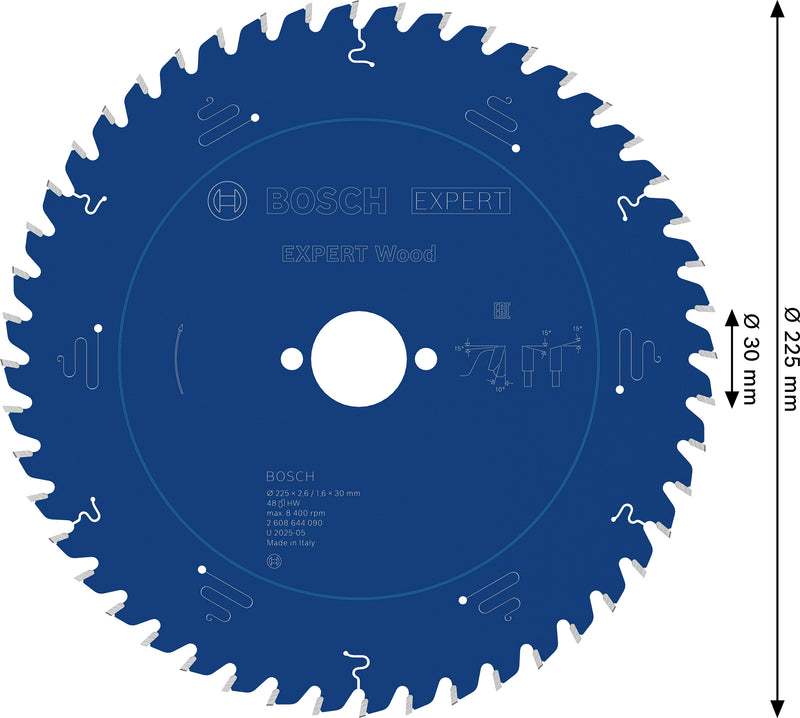 Lâmina de serra circular para madeira Bosch EXPERT, 225 x 2,6/1,6 x 30 mm, T48