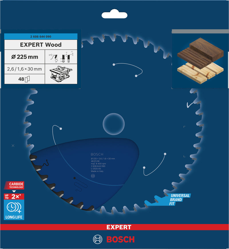 Lâmina de serra circular para madeira Bosch EXPERT, 225 x 2,6/1,6 x 30 mm, T48