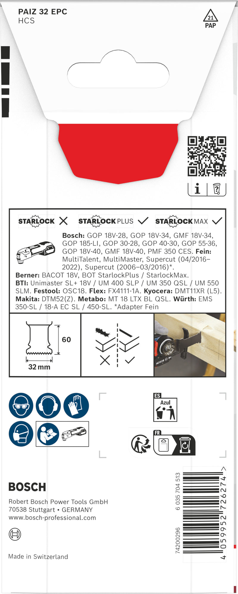 Lâminas de serra sabre, ferramenta multifunções Bosch Accessories (Lâmina de corte para madeira PAIZ 32 EPC, Starlock, 32 x 60 mm)