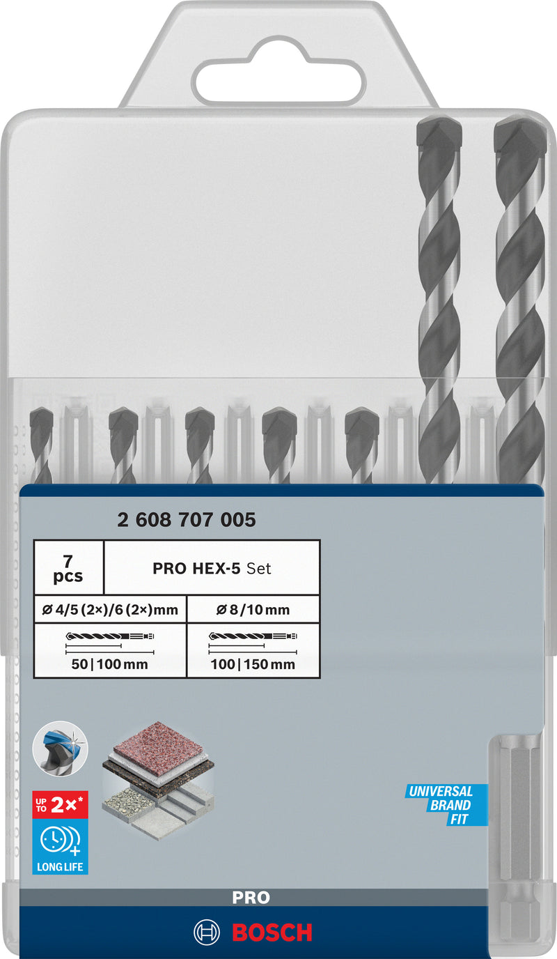 Broca, sortido Bosch Accessories (Conjunto de brocas PRO HEX-5, 4x100, 5x100, 5x100, 6x100, 6x100, 8x150, 10x150 mm, 7 peças)