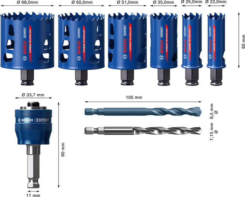 Hole saws, Bosch Accessories sets (EXPERT Multi Material Power Change Plus hole saw set, 22; 25; 35; 51; 60; 68 x 60 mm, 9 pcs)