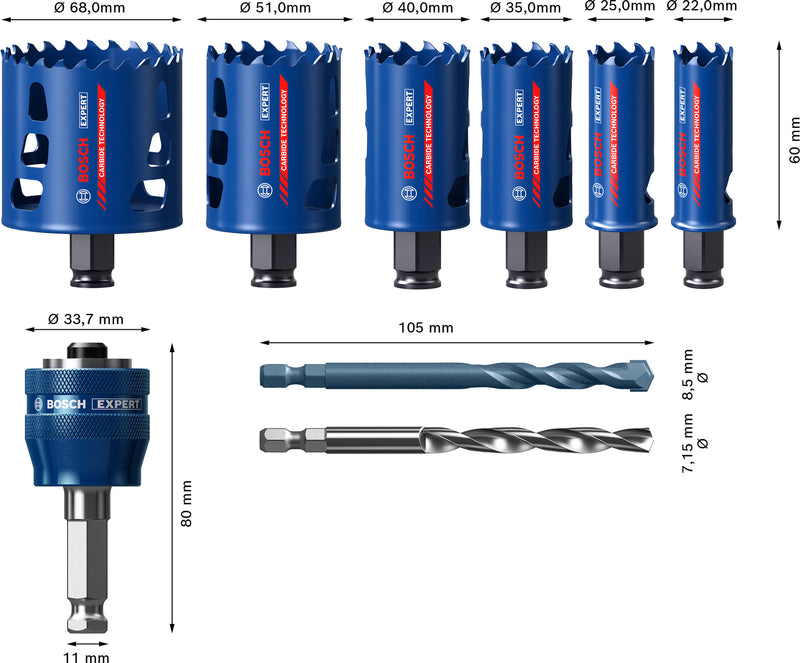 Hole saws, Bosch Accessories sets (EXPERT Multi Material Power Change Plus hole saw set, 22; 25; 35; 40; 51; 68 x 60 mm, 9 pcs)
