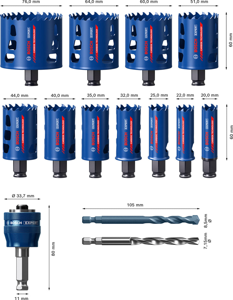 Hole saws, Bosch Accessories sets (EXPERT Multi Material Power Change Plus hole saw set, 20; 22; 25; 32; 35; 40; 44; 51; 60; 64; 76 x 60 mm, 14 pieces)