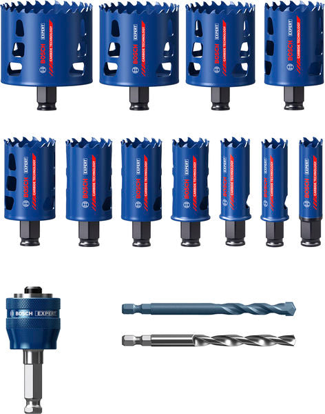 Sierras de corona, juegos de accesorios Bosch (juego de sierras de corona EXPERT Multi Material Power Change Plus, 20; 22; 25; 32; 35; 40; 44; 51; 60; 68; 76 x 60 mm, 14 piezas)