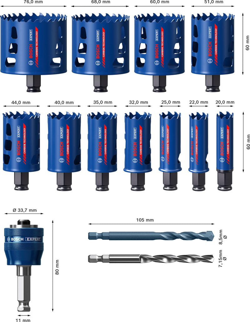 Sierras de corona, juegos de accesorios Bosch (juego de sierras de corona EXPERT Multi Material Power Change Plus, 20; 22; 25; 32; 35; 40; 44; 51; 60; 68; 76 x 60 mm, 14 piezas)