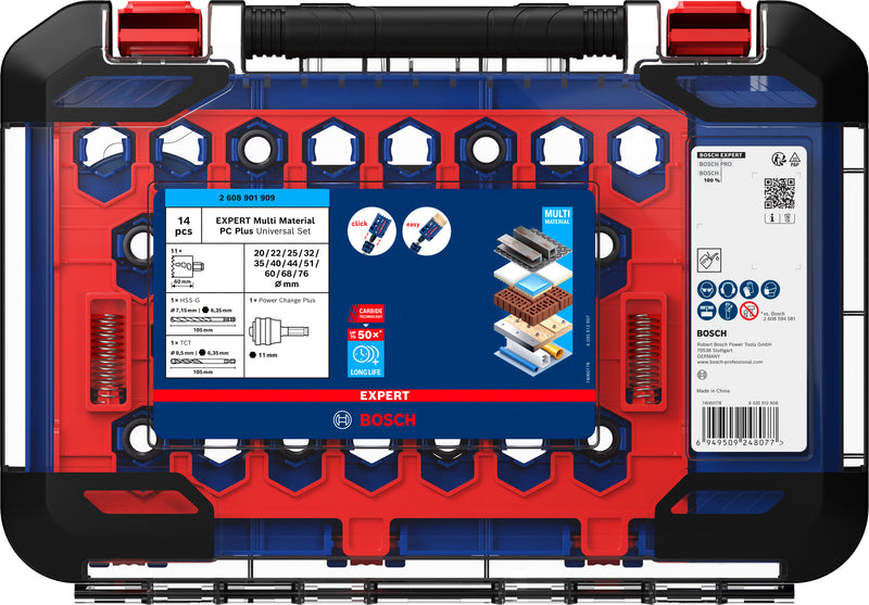 Sierras de corona, juegos de accesorios Bosch (juego de sierras de corona EXPERT Multi Material Power Change Plus, 20; 22; 25; 32; 35; 40; 44; 51; 60; 68; 76 x 60 mm, 14 piezas)