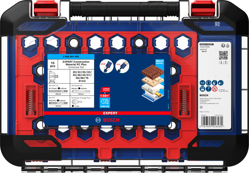 Hole saws, Bosch Accessories sets (EXPERT Construction Material Power Change Plus hole saw set, 20; 22; 25; 32; 35; 40; 44; 51; 60; 68; 76 x 60 mm, 15 pcs)