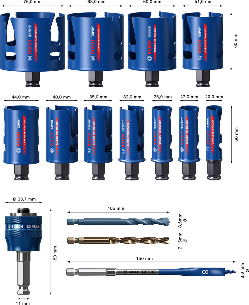 Hole saws, Bosch Accessories sets (EXPERT Construction Material Power Change Plus hole saw set, 20; 22; 25; 32; 35; 40; 44; 51; 60; 68; 76 x 60 mm, 15 pcs)