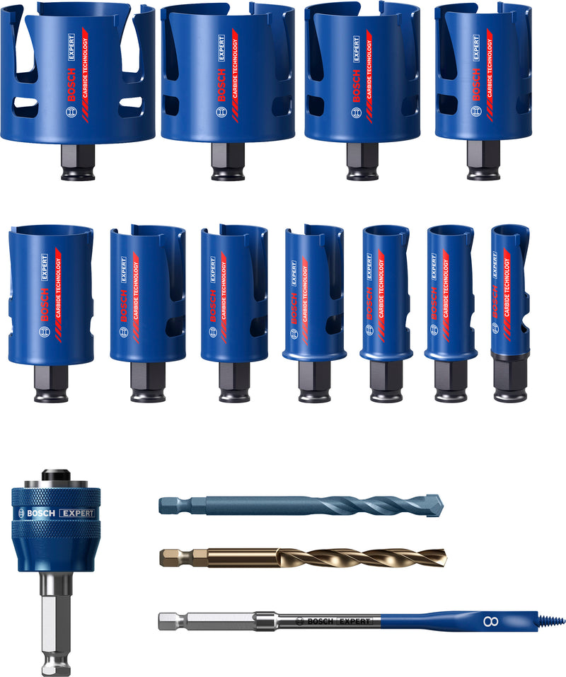 Hole saws, Bosch Accessories sets (EXPERT Construction Material Power Change Plus hole saw set, 20; 22; 25; 32; 35; 40; 44; 51; 60; 68; 76 x 60 mm, 15 pcs)