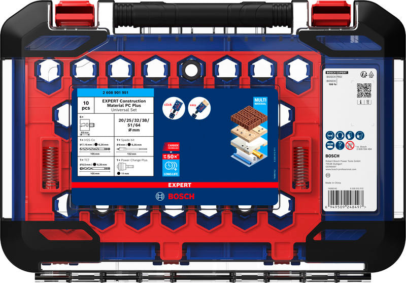Hole saws, Bosch Accessories sets (EXPERT Construction Material Power Change Plus hole saw set, 20; 25; 32; 38; 51; 64 x 60 mm, 10 pcs)