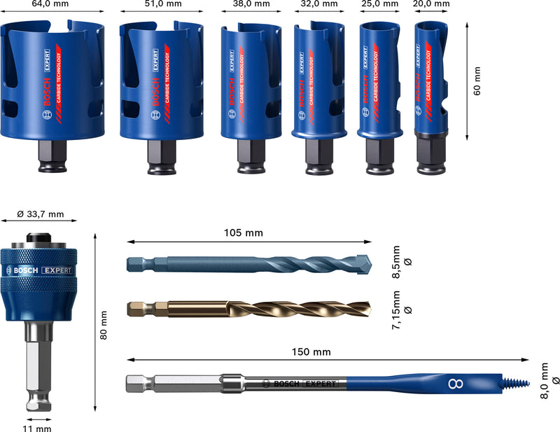 Hole saws, Bosch Accessories sets (EXPERT Construction Material Power Change Plus hole saw set, 20; 25; 32; 38; 51; 64 x 60 mm, 10 pcs)