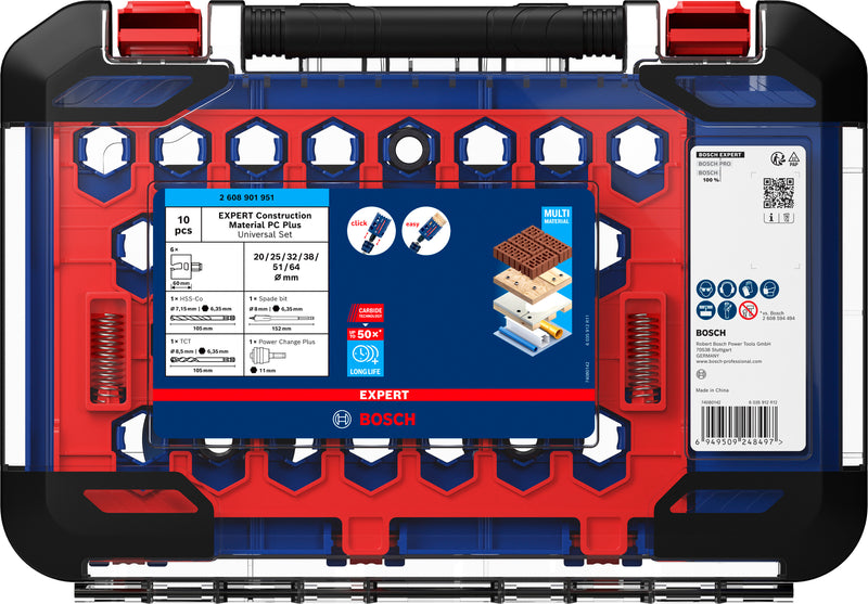 Hole saws, Bosch Accessories sets (EXPERT Construction Material Power Change Plus hole saw set, 20; 25; 32; 38; 51; 64 x 60 mm, 10 pcs)