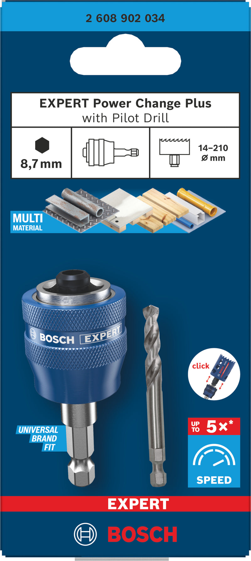 Accesorios Bosch para funciones de sierra de corona (husillo EXPERT Power Change Plus con broca central, vástago hexagonal de 8,7 mm, HSS-G, 7,15 x 45 x 85 mm)
