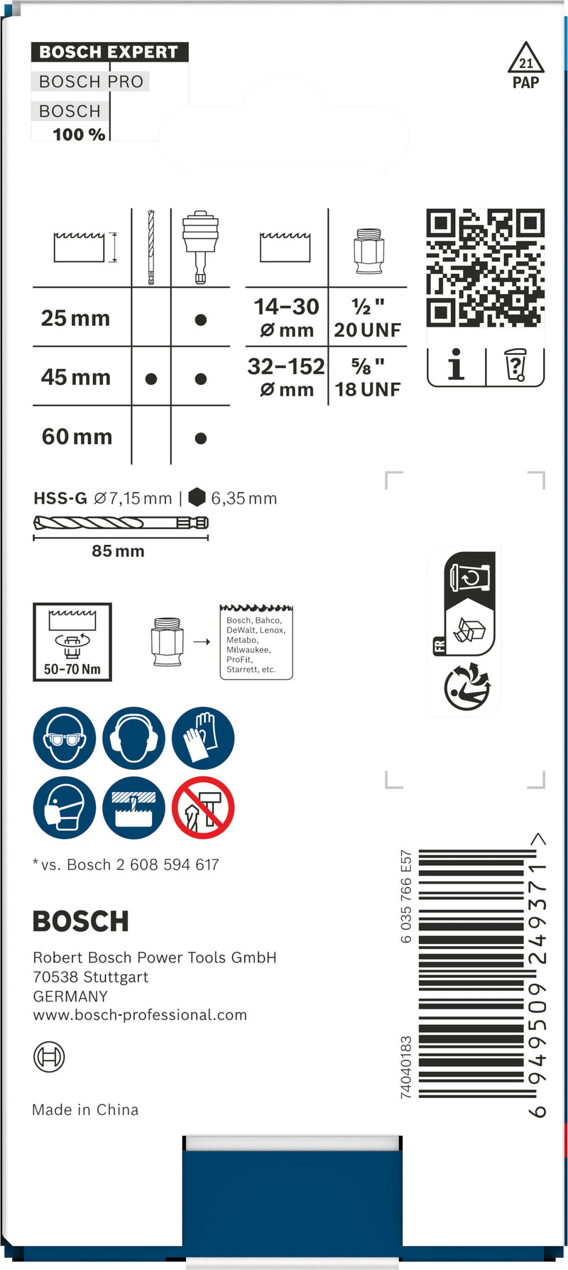 Accesorios Bosch para herramientas con función de sierra de corona (kit de conversión EXPERT Power Change Plus, vástago hexagonal de 11 mm, HSS-G, 7,15 x 45 x 85 mm, 2 tuercas adaptadoras)