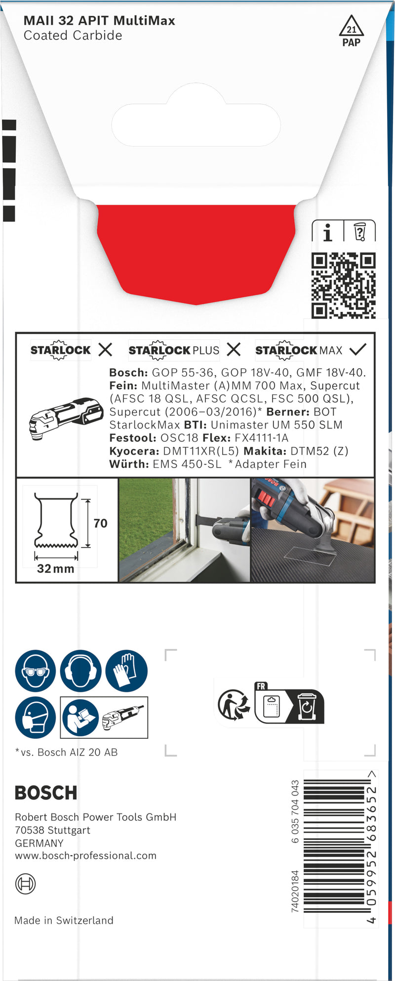 Lâminas de serra sabre, ferramenta multifunções Bosch Accessories (Lâmina para corte de imersão EXPERT PAIZ 32 AIT MetalMax, 32 x 70 mm)