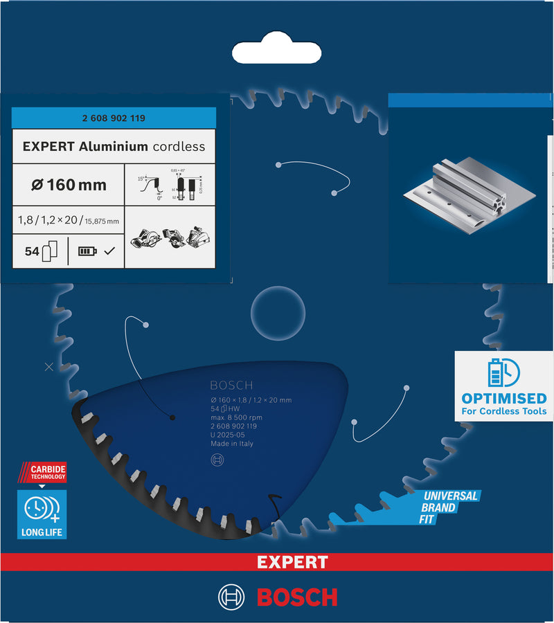 Discos para serras circulares. Bosch Accessories (Lâmina de serra sem fios circular EXPERT Aluminium cordless, 160 x 1,8/1,2 x 20 mm, T54)