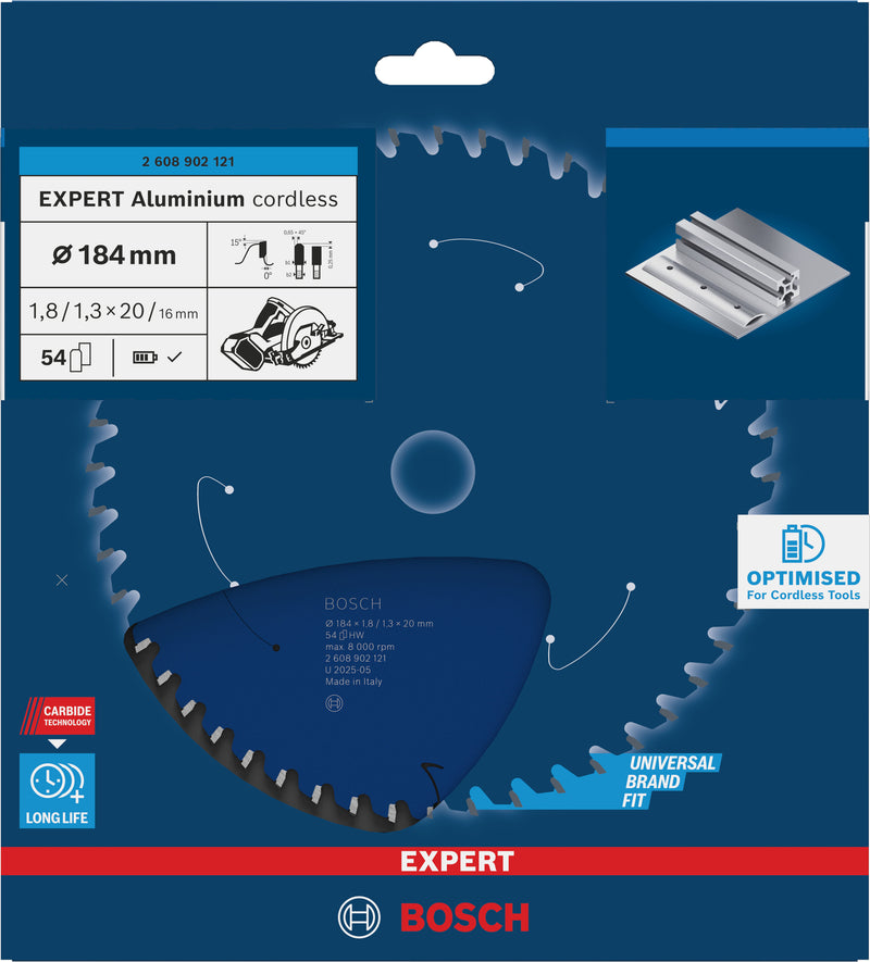 Discos para serras circulares. Bosch Accessories (Lâmina de serra sem fios circular EXPERT Aluminium cordless, 184 x 1,8/1,3 x 20 mm, T54)